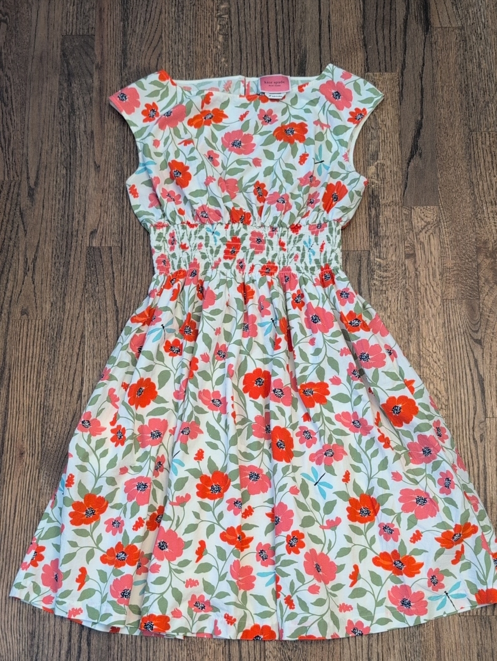 Kate Spade New York Floral Smocked Waist Dress in Coral, Pink, Green